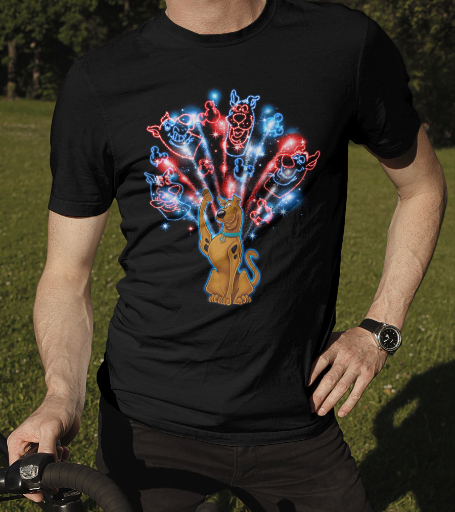 Scooby-Doo Fireworks Celebration Display With Colorful Firework Outlines T-Shirt