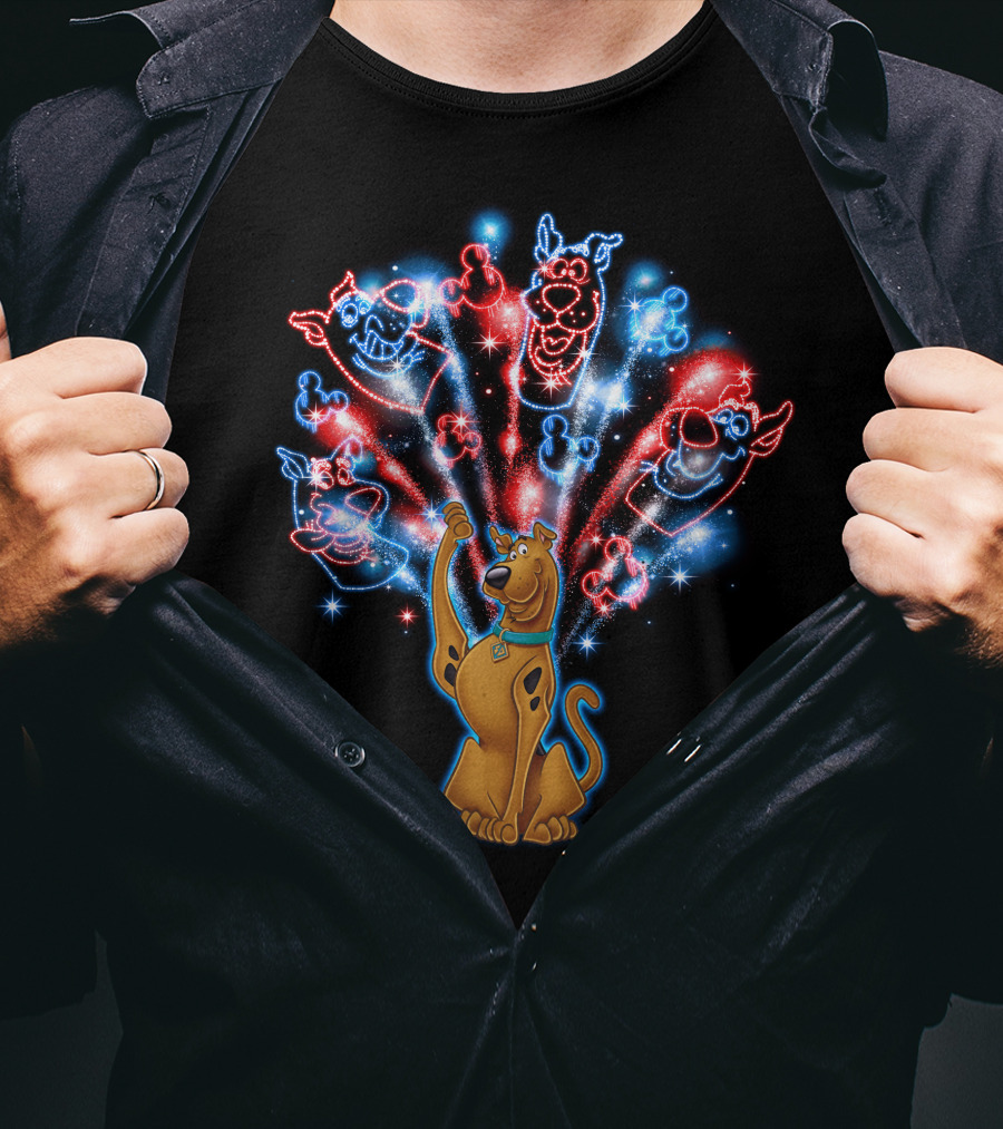 Scooby-Doo Fireworks Celebration Display With Colorful Firework Outlines T-Shirt