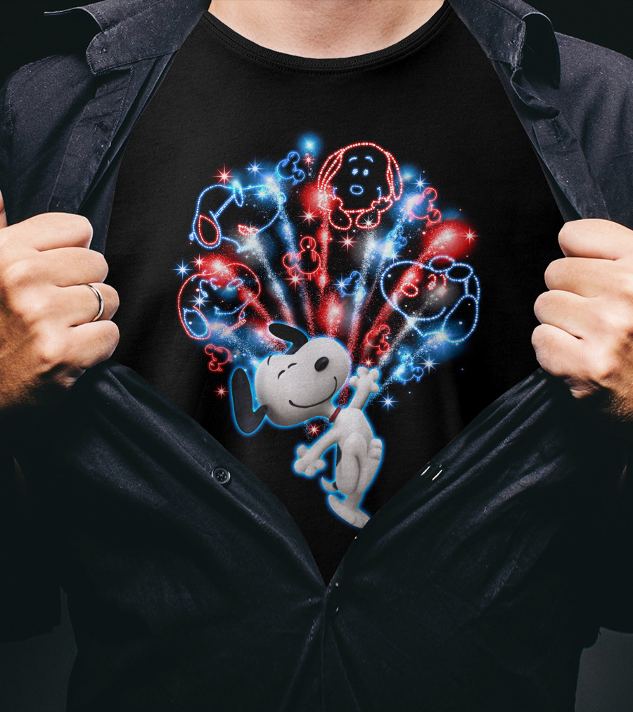 Snoopy Firework Celebration With Peanuts Characters In Red And Blue T-Shirt