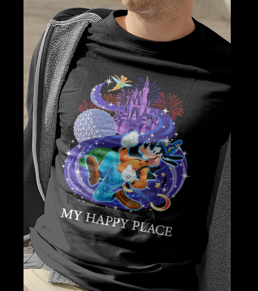 Goofy In My Happy Place With Castle And Fireworks T-Shirt