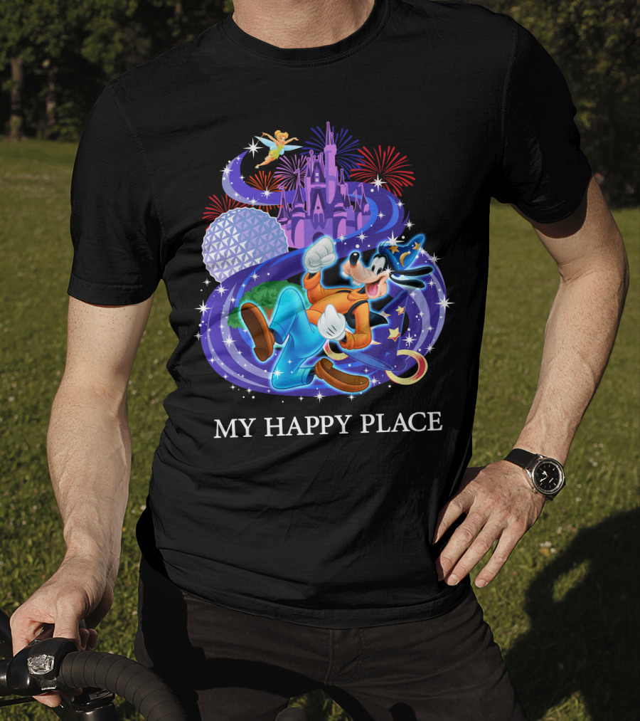 Goofy In My Happy Place With Castle And Fireworks T-Shirt