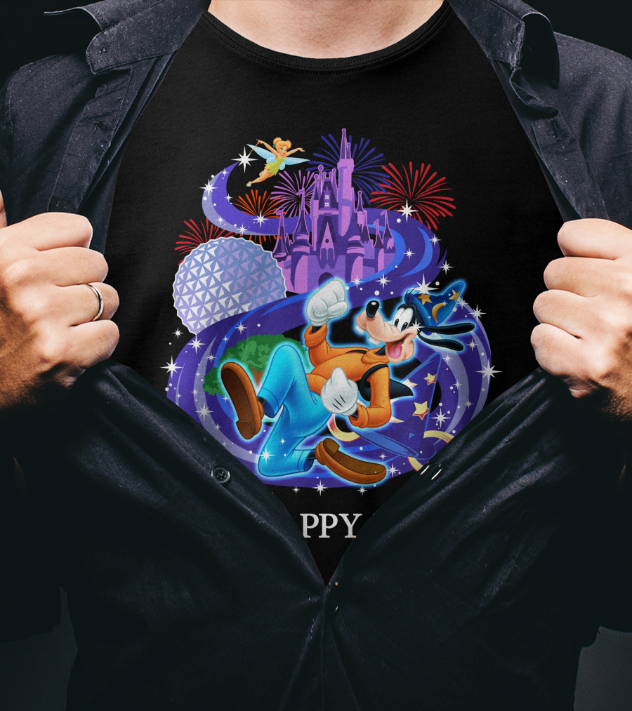 Goofy In My Happy Place With Castle And Fireworks T-Shirt