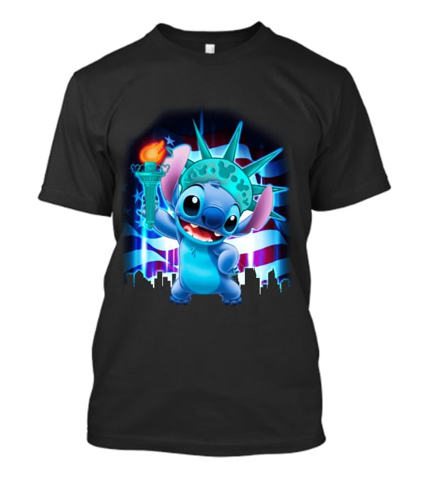 Stitch Statue Liberty American Flag Skyline T-Shirt
