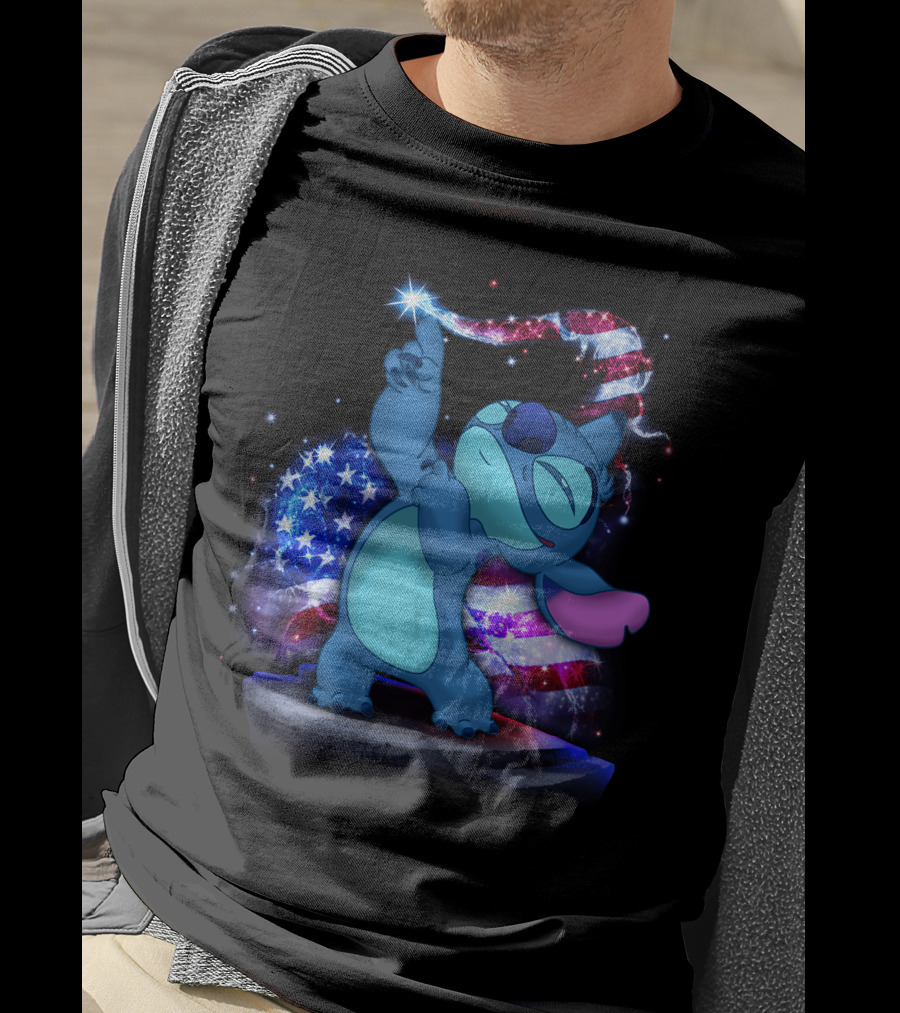 Stitch Bling July American Flag Fireworks Magic T-Shirt