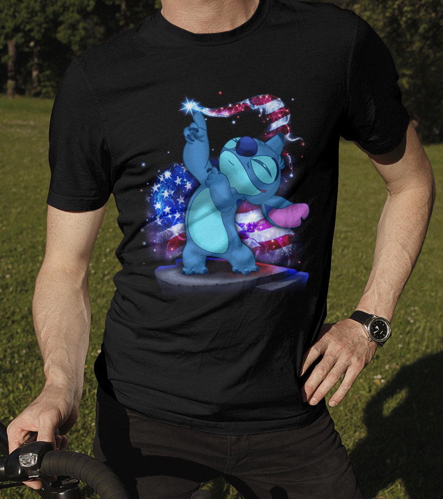 Stitch Bling July American Flag Fireworks Magic T-Shirt