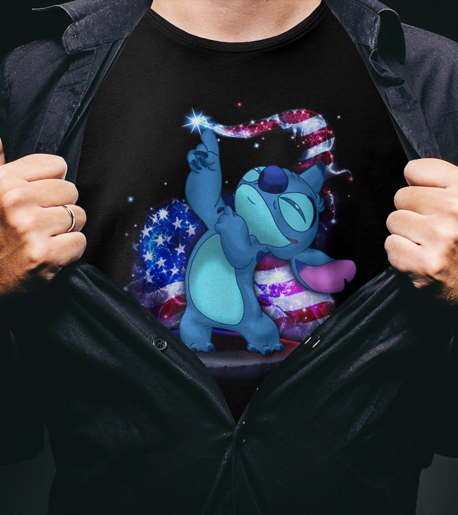 Stitch Bling July American Flag Fireworks Magic T-Shirt