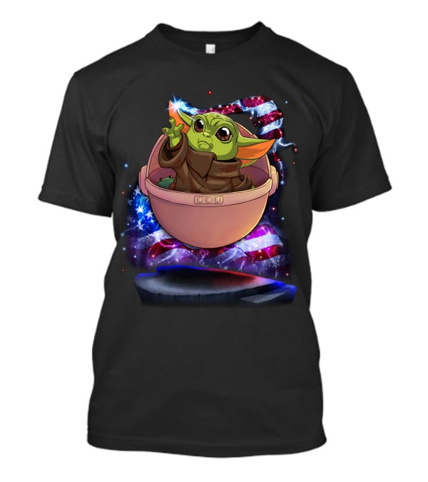 Baby Yoda Bling July American Flag Sparkle T-Shirt