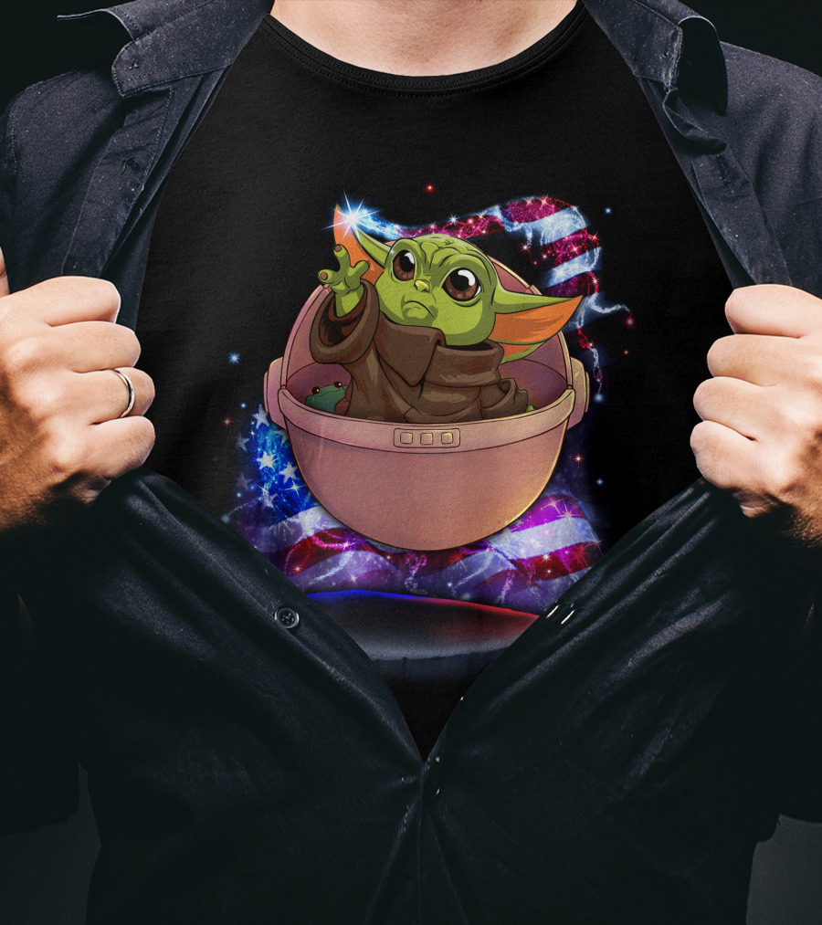 Baby Yoda Bling July American Flag Sparkle T-Shirt