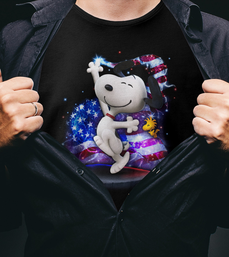 Snoopy Bling July Patriotic Celebration With Woodstock And American Flag T-Shirt