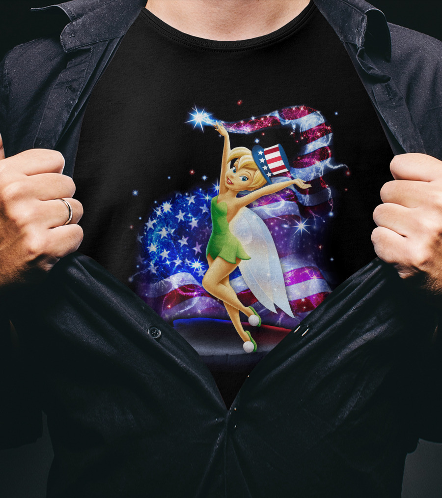 Tinkerbell Bling July Patriotic Sparkle With American Flag And Stars T-Shirt