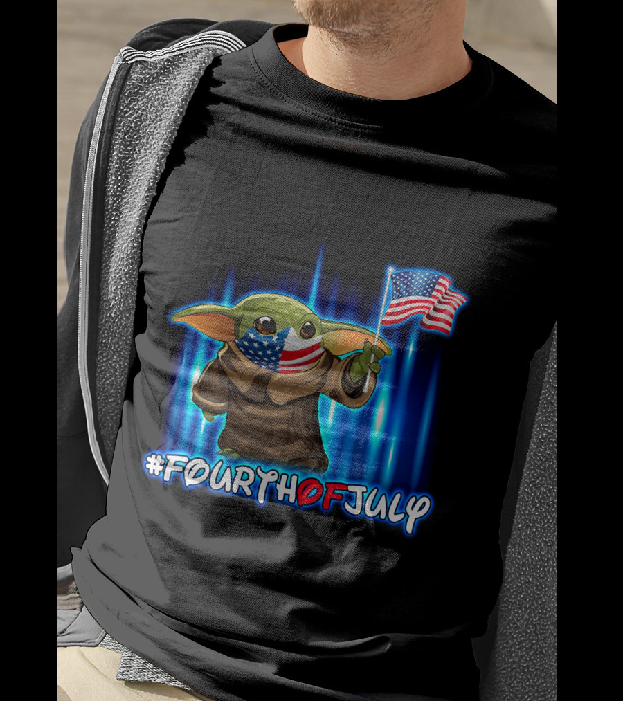 FOURTHOFJULY Baby Yoda With American Flag T-Shirt