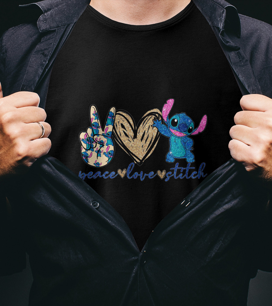 Peace Love Stitch Glittery Heart And Peace Sign T-Shirt