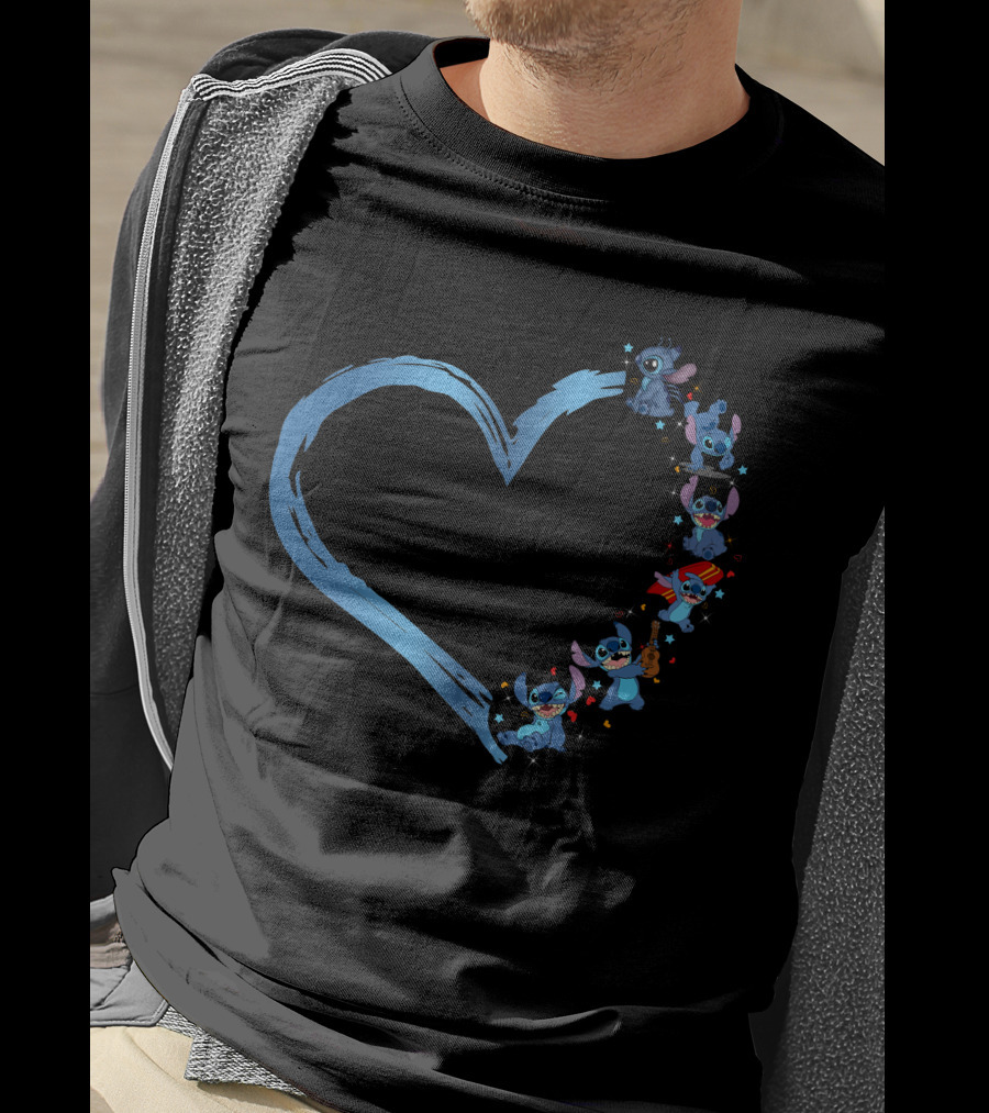 I Love Stitch Heart Shaped Blue Brush Characters T-Shirt
