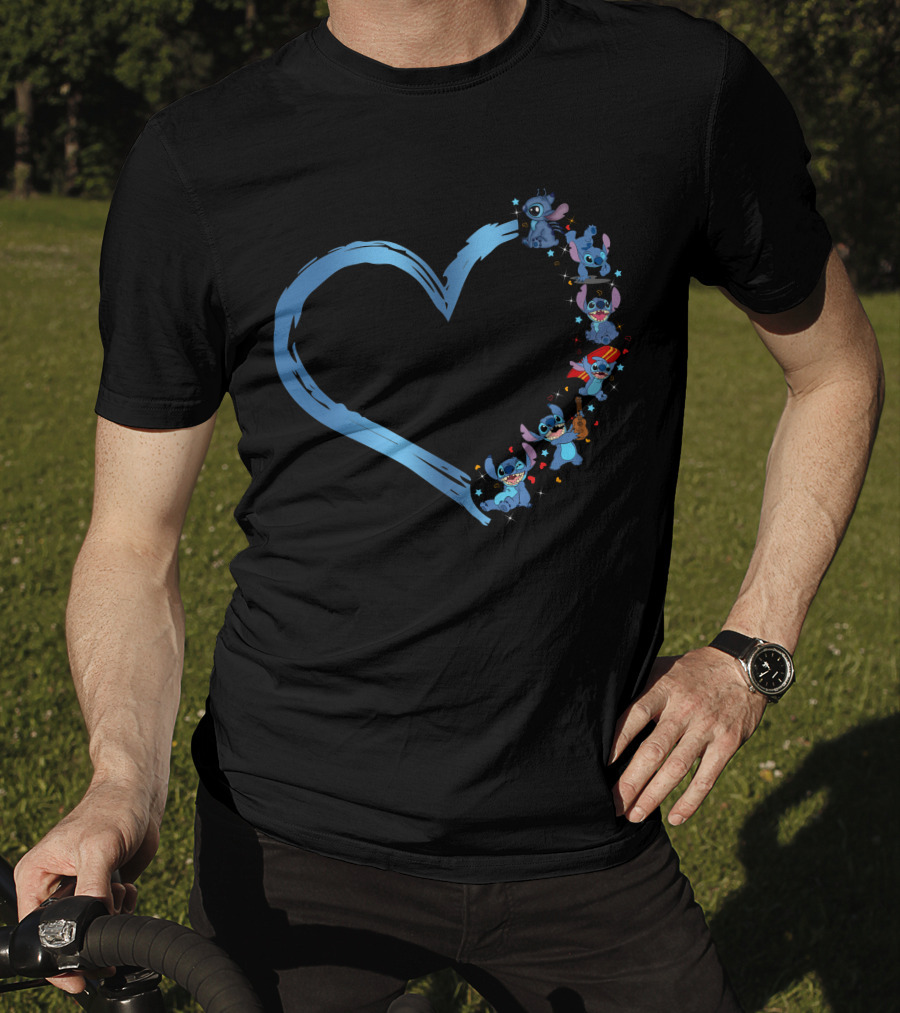 I Love Stitch Heart Shaped Blue Brush Characters T-Shirt