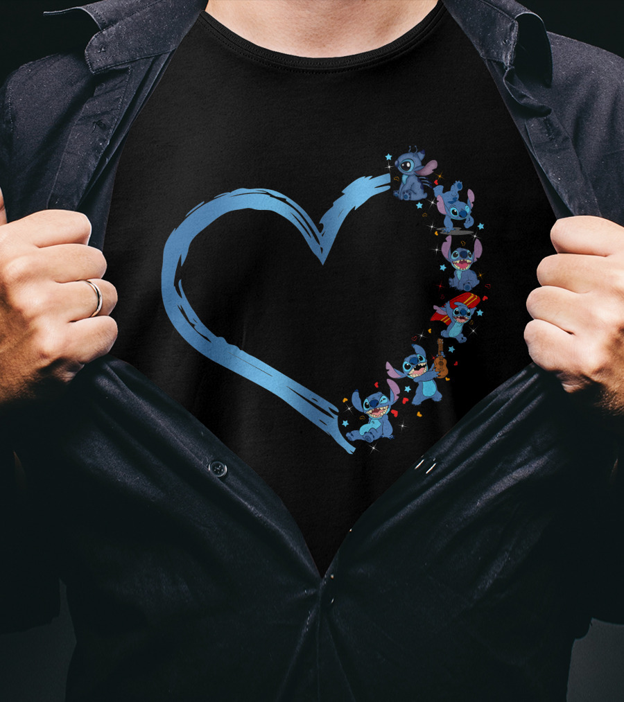 I Love Stitch Heart Shaped Blue Brush Characters T-Shirt