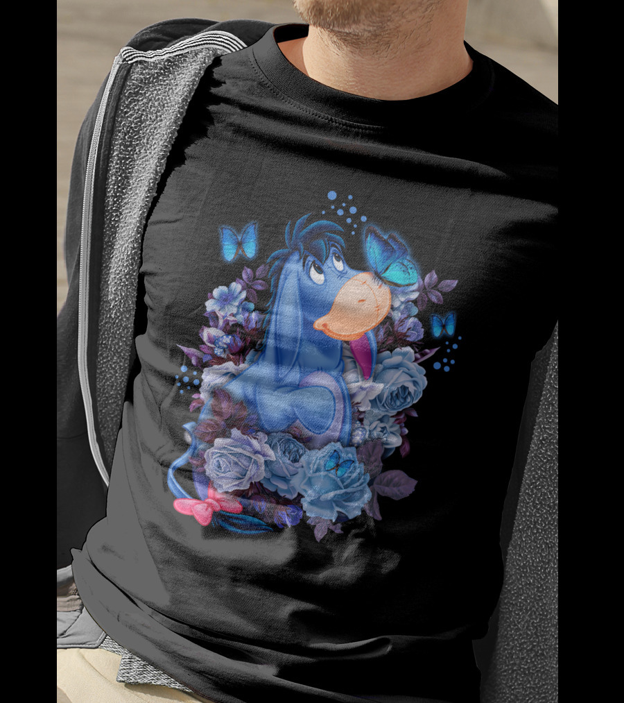 Eeyore Surrounded By Blue Flowers And Butterflies T-Shirt
