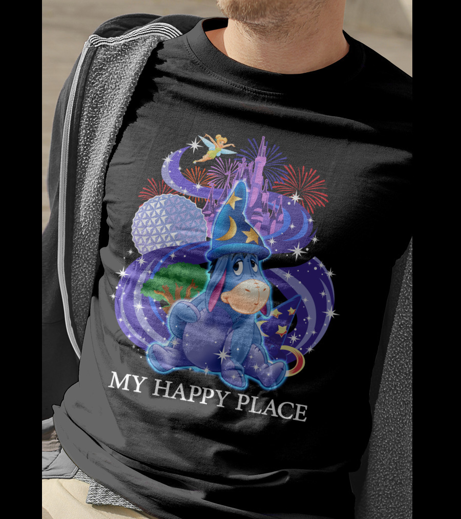 Eeyore My Happy Place Disney Castle Fireworks Spaceship Earth Tinker Bell T-Shirt
