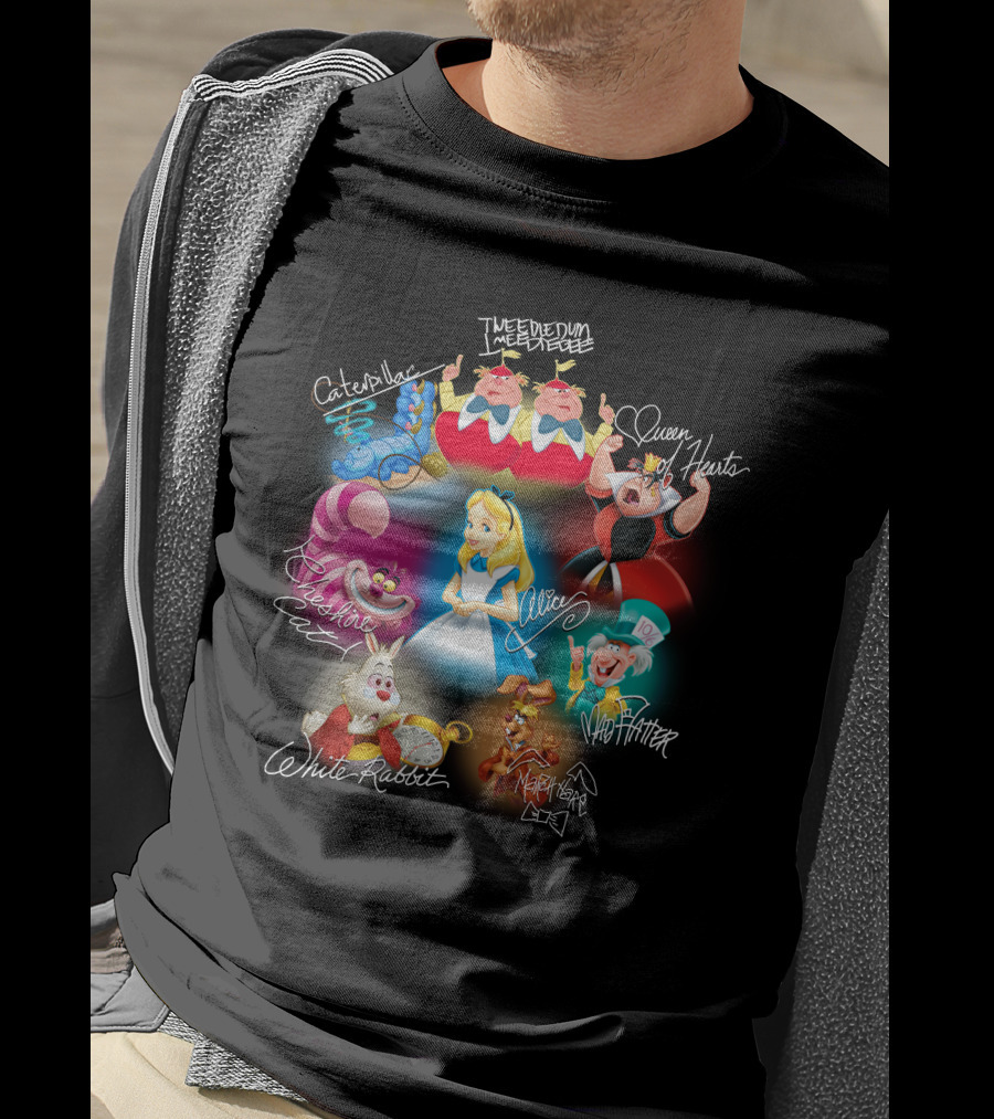 Alice Tweedledee Tweedledum Queen Hearts Cheshire Cat White Rabbit Mad Hatter Caterpillar March Hare Signatures T-Shirt