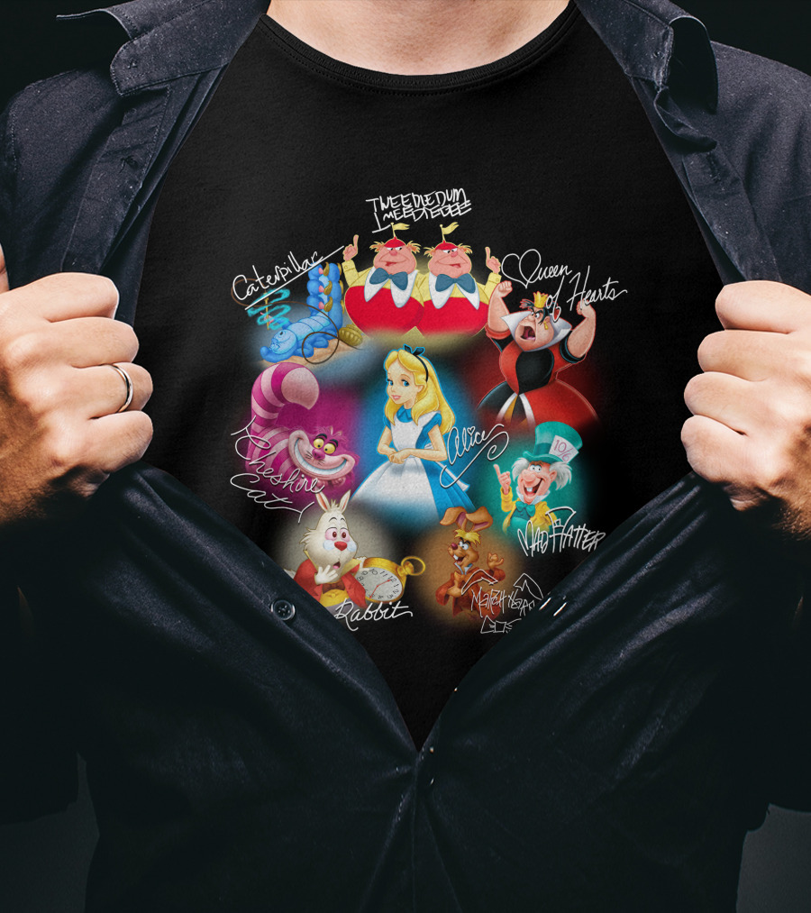 Alice Tweedledee Tweedledum Queen Hearts Cheshire Cat White Rabbit Mad Hatter Caterpillar March Hare Signatures T-Shirt