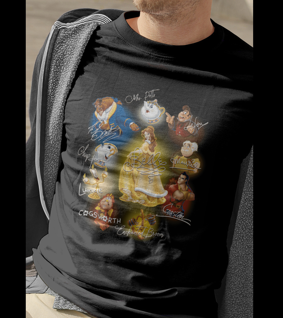 Belle Beast Mrs. Potts Chip Lumiere Cogsworth Enchanted Broom Gaston Maurice Lefou T-Shirt