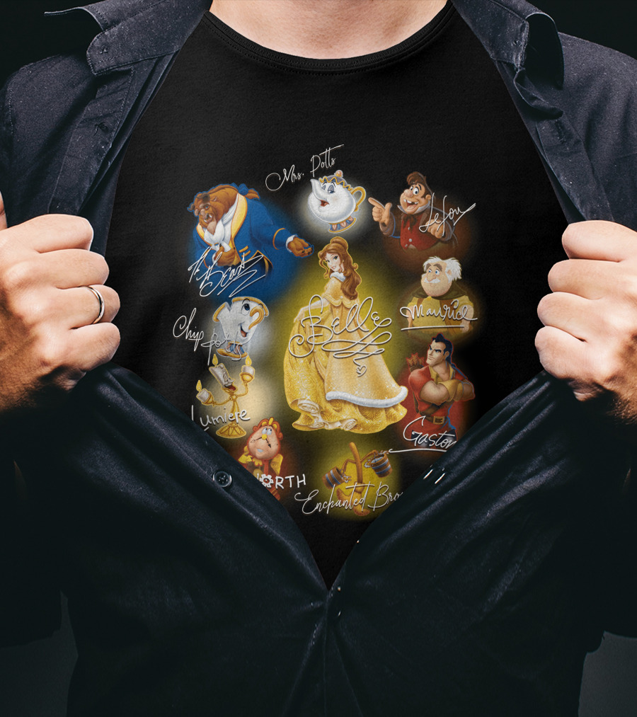 Belle Beast Mrs. Potts Chip Lumiere Cogsworth Enchanted Broom Gaston Maurice Lefou T-Shirt