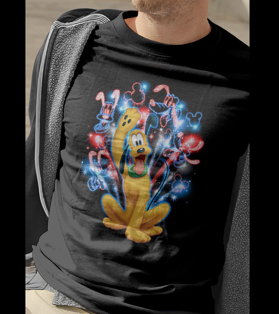 Pluto Disney Fireworks With Mickey Mouse Outlines T-Shirt