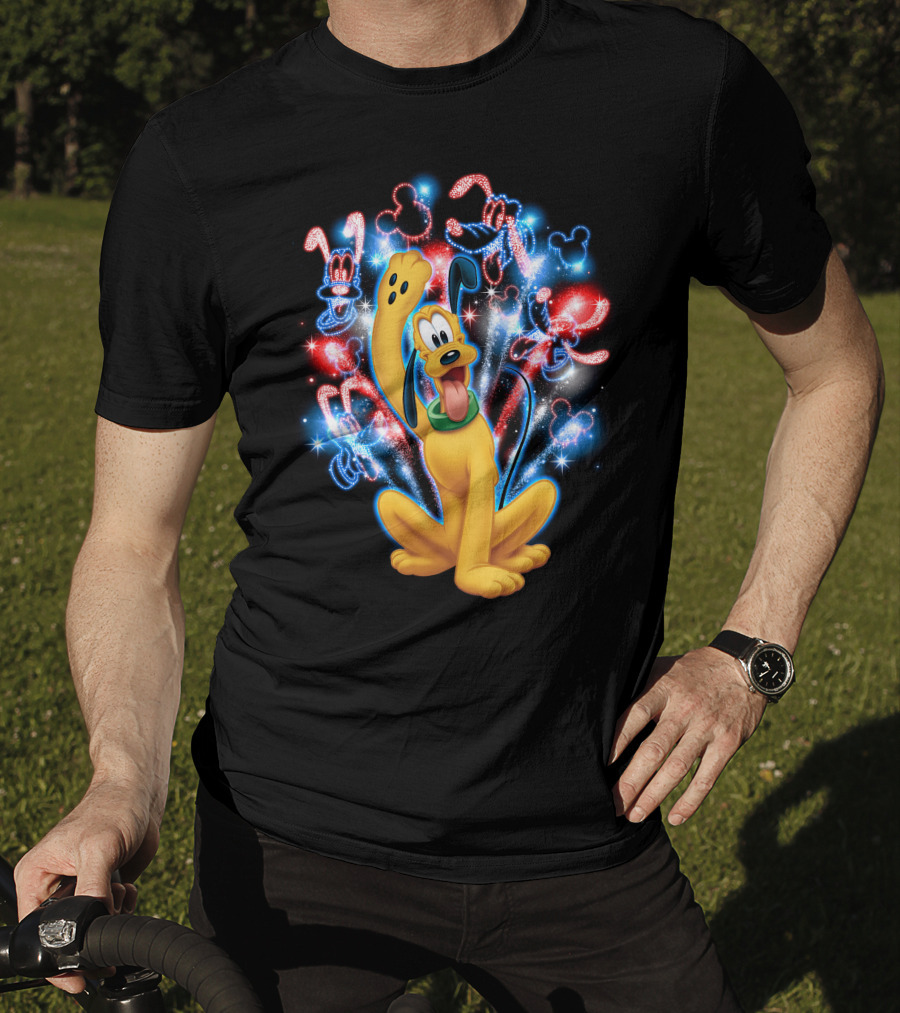 Pluto Disney Fireworks With Mickey Mouse Outlines T-Shirt