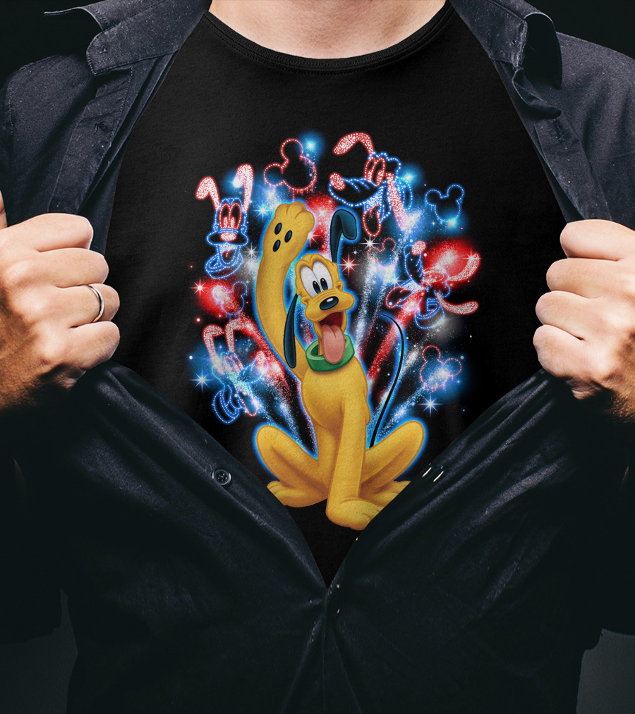 Pluto Disney Fireworks With Mickey Mouse Outlines T-Shirt