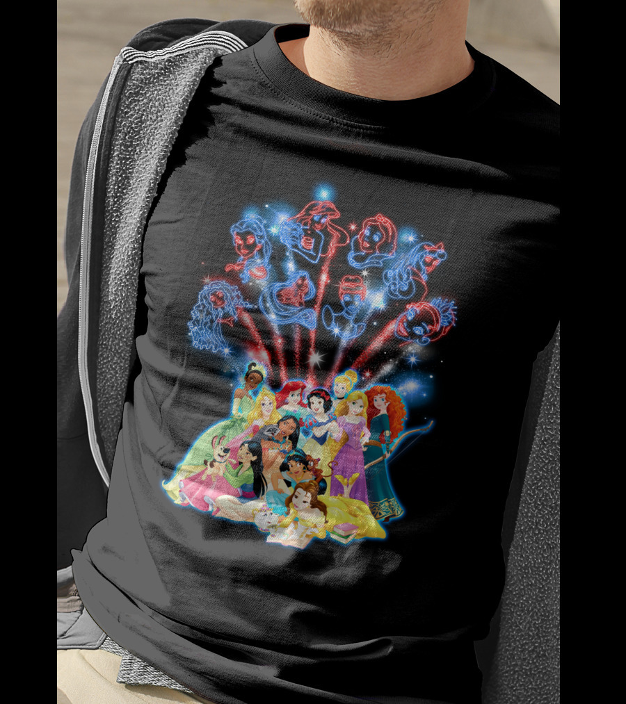 Disney Princess Characters And Fireworks T-Shirt