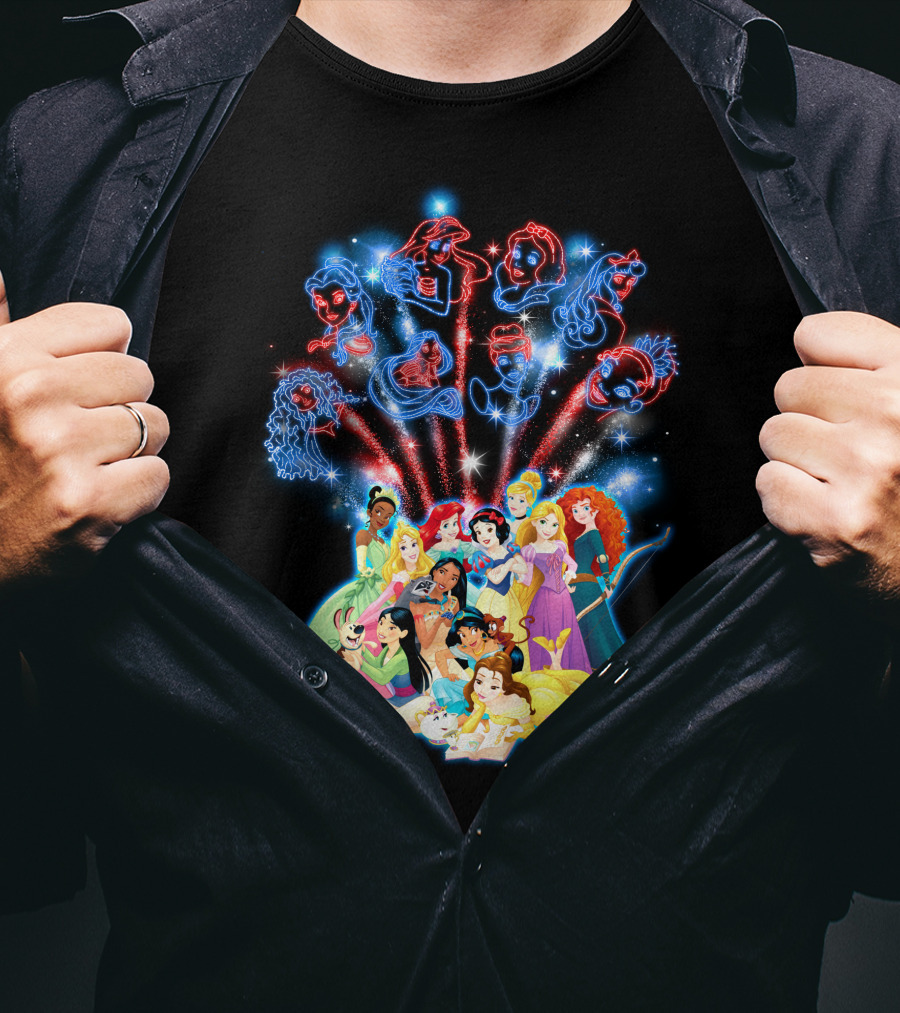 Disney Princess Characters And Fireworks T-Shirt