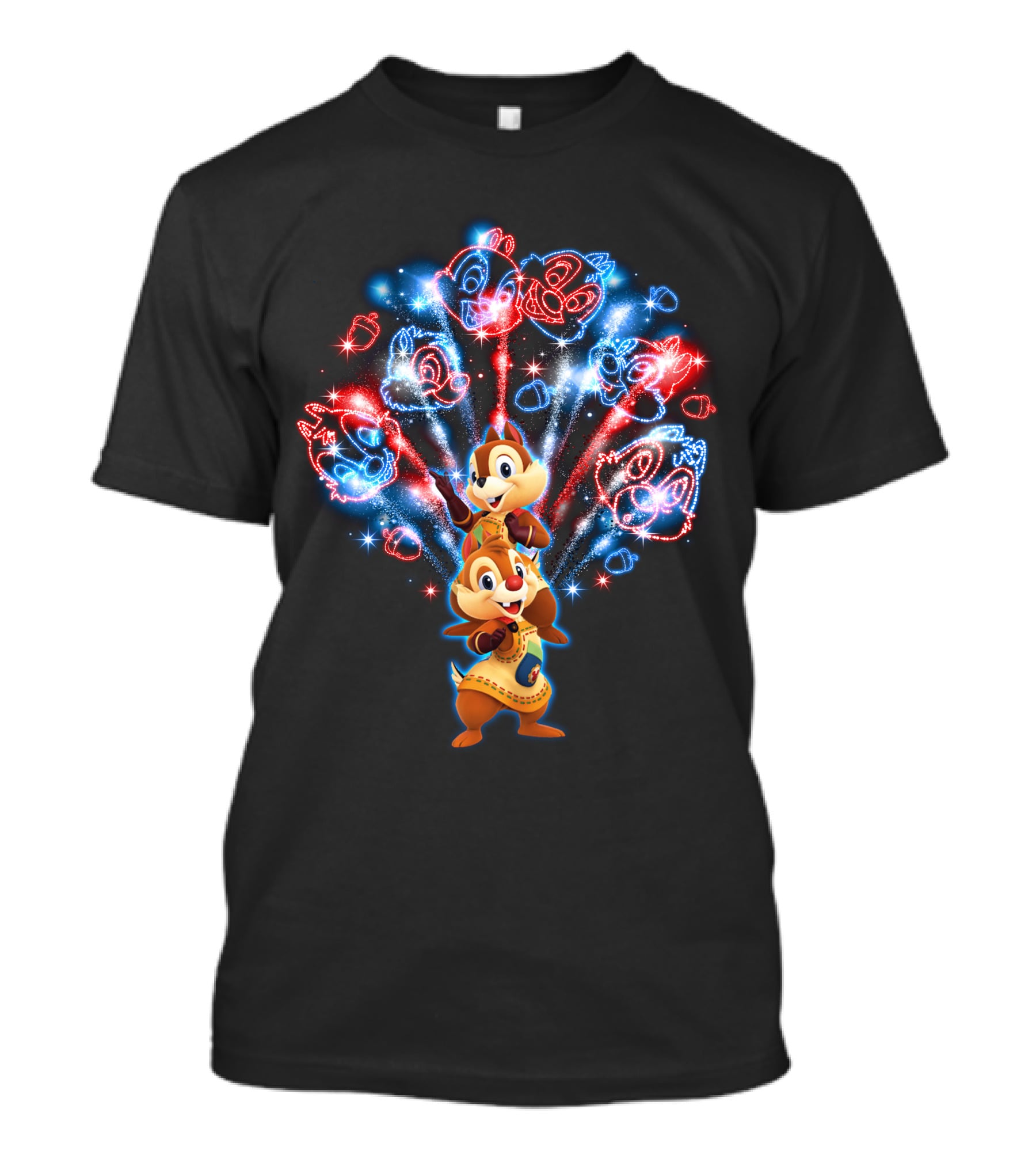 Chip N Dale Red And Blue Firework Display With Chipmunk Faces T-Shirt