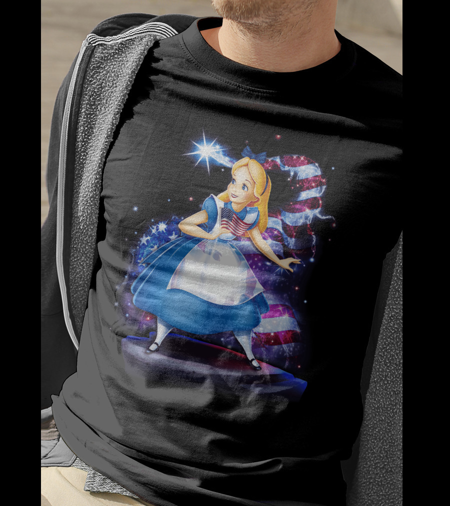 Alice Holding American Flag In Wonderland With Stars And Stripes Background T-Shirt