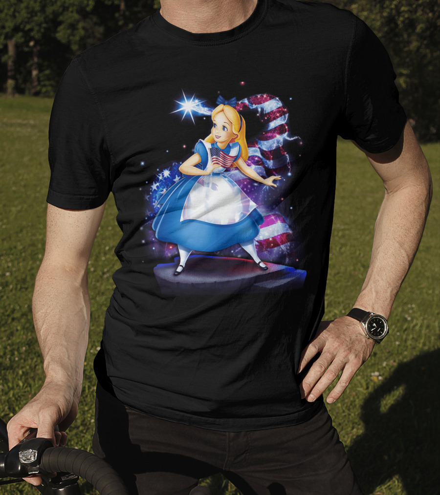 Alice Holding American Flag In Wonderland With Stars And Stripes Background T-Shirt