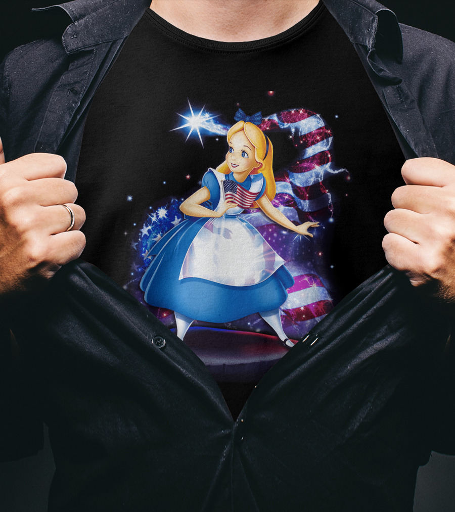 Alice Holding American Flag In Wonderland With Stars And Stripes Background T-Shirt