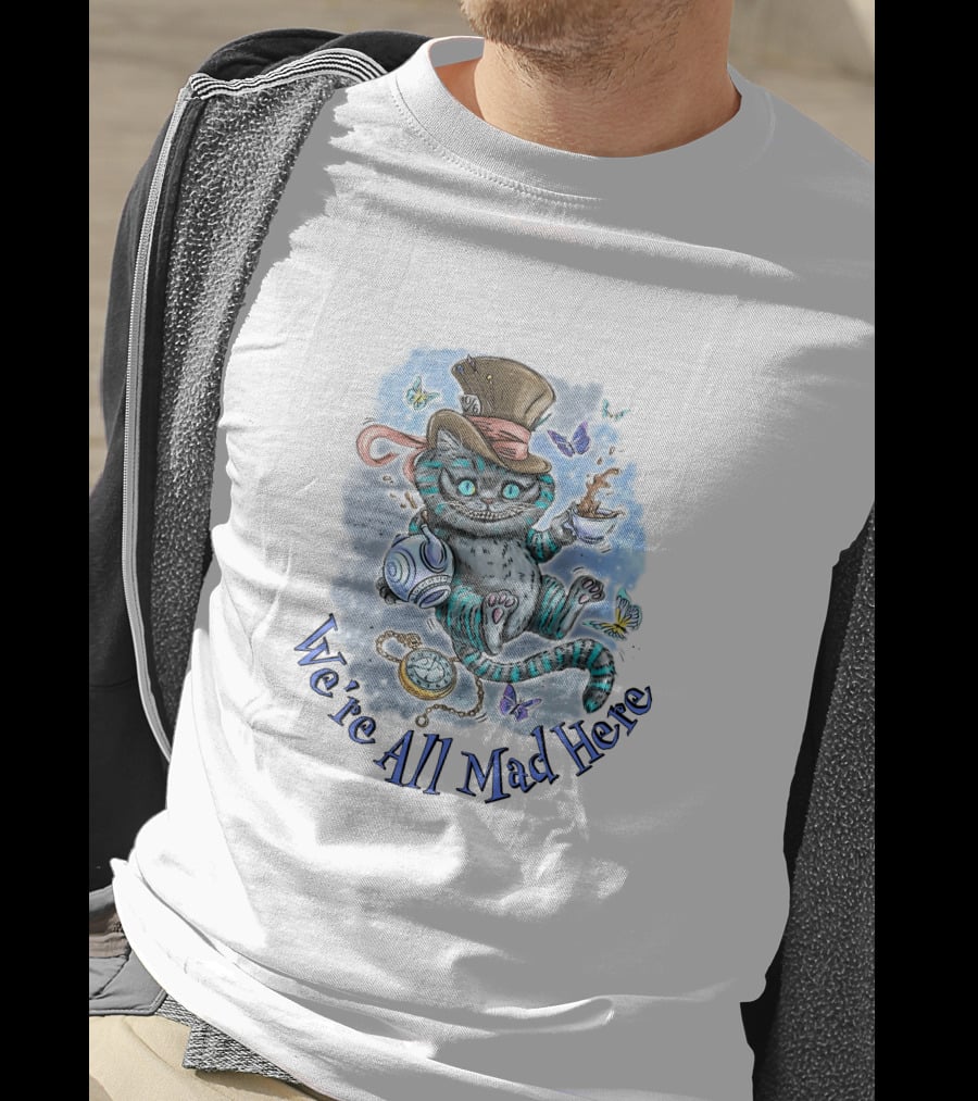 Cheshire Cat We're All Mad Here Mad Hatter Tea Party Butterflies Pocket Watch T-Shirt