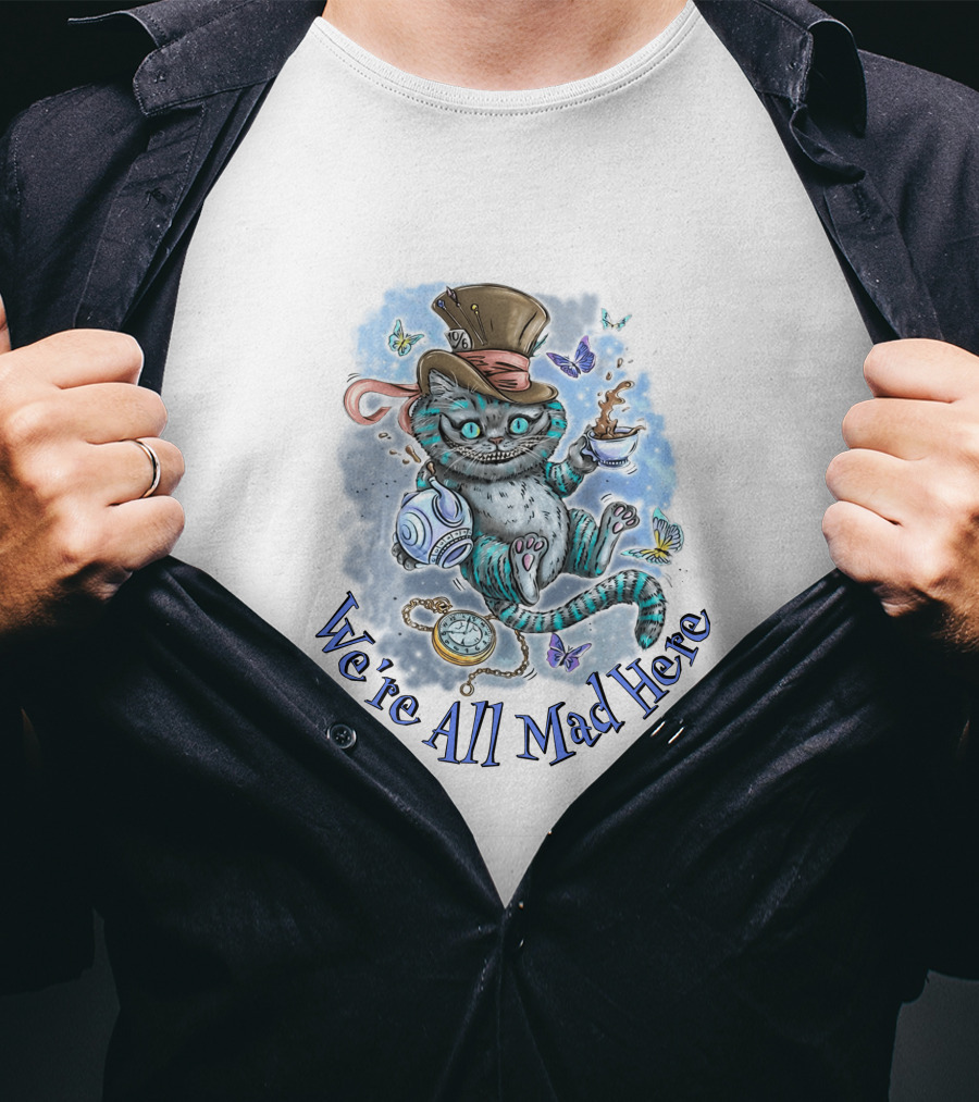 Cheshire Cat We're All Mad Here Mad Hatter Tea Party Butterflies Pocket Watch T-Shirt