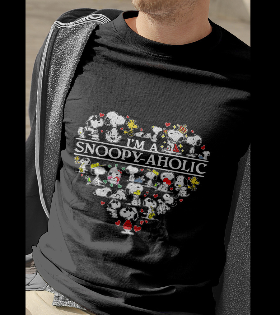I'm A Snoopy-Aholic Peanuts Heart Collage Of Snoopy And Woodstock With Love Hearts T-Shirt