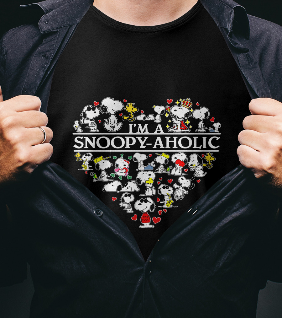 I'm A Snoopy-Aholic Peanuts Heart Collage Of Snoopy And Woodstock With Love Hearts T-Shirt