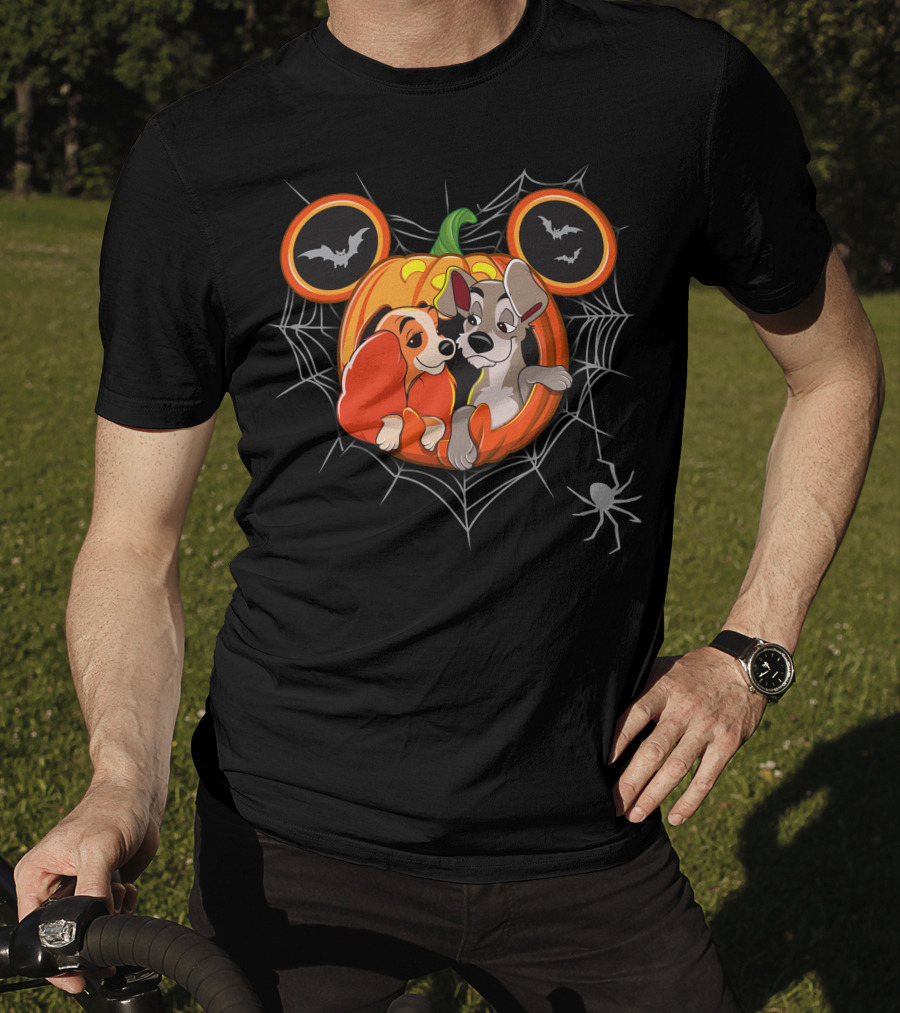 Lady And The Tramp Halloween Pumpkin With Spider Web And Bats T-Shirt