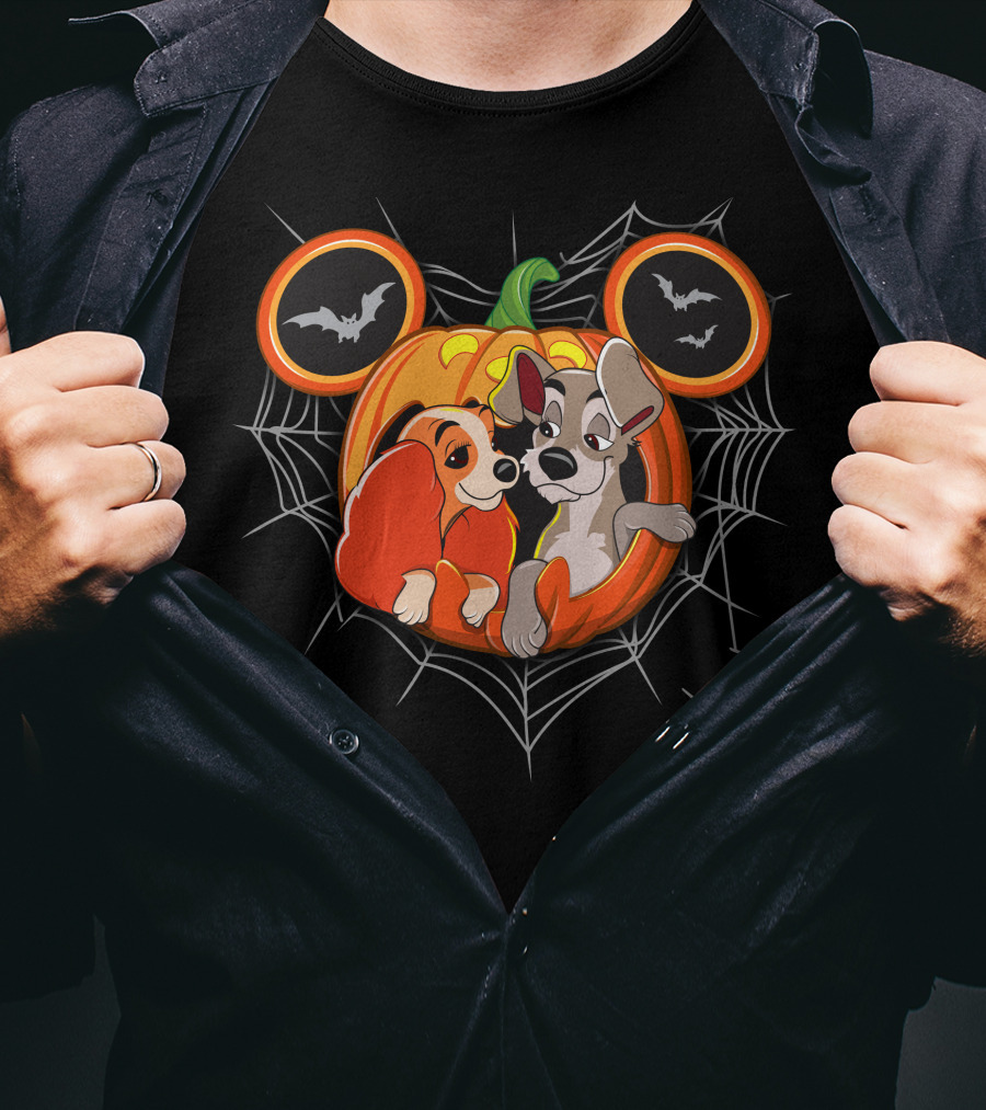 Lady And The Tramp Halloween Pumpkin With Spider Web And Bats T-Shirt