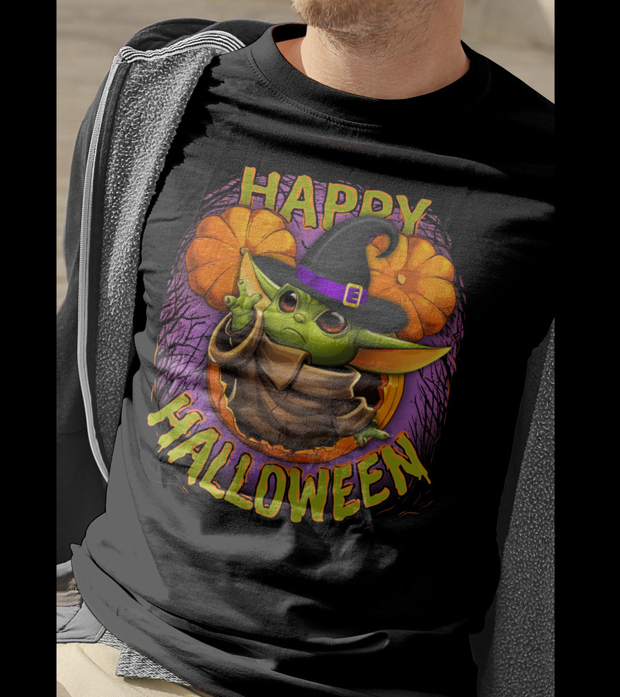 Happy Halloween Baby Yoda Magic Pumpkin Wizard Hat T-Shirt