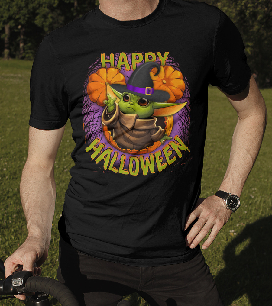 Happy Halloween Baby Yoda Magic Pumpkin Wizard Hat T-Shirt