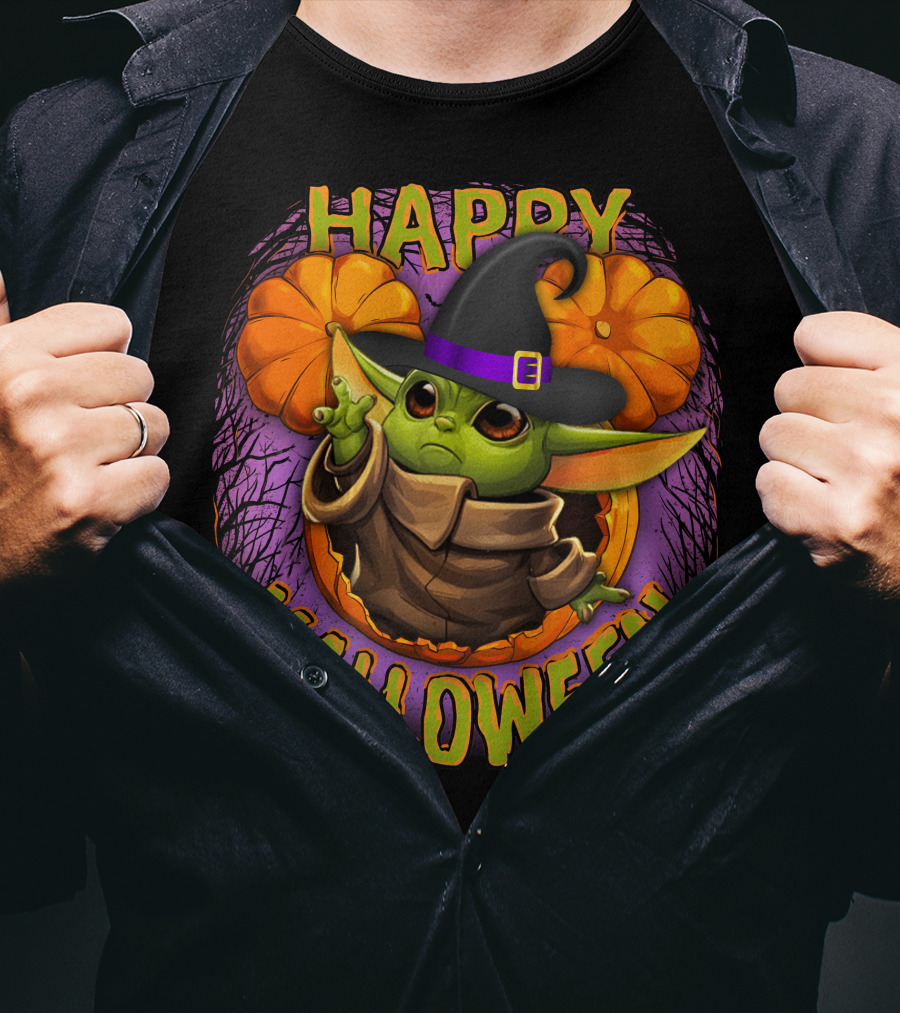 Happy Halloween Baby Yoda Magic Pumpkin Wizard Hat T-Shirt