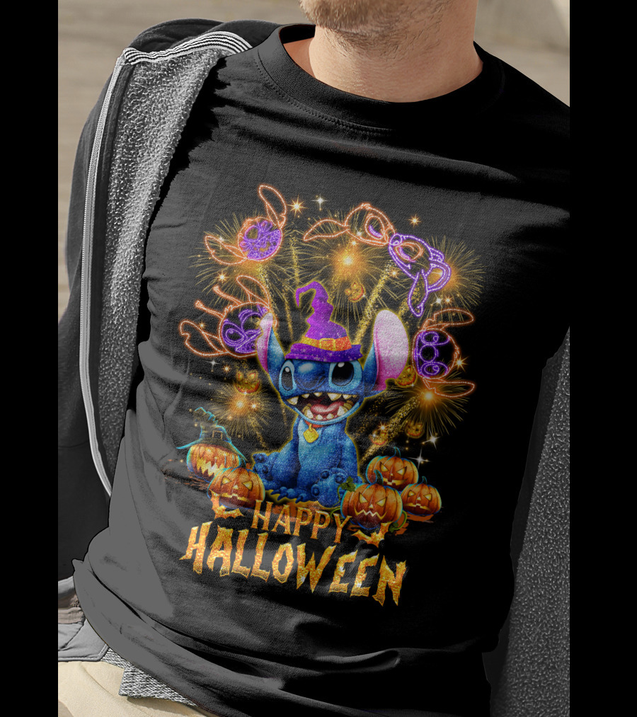 Stitch Happy Halloween Firework Display With Pumpkins And Witch Hat T-Shirt