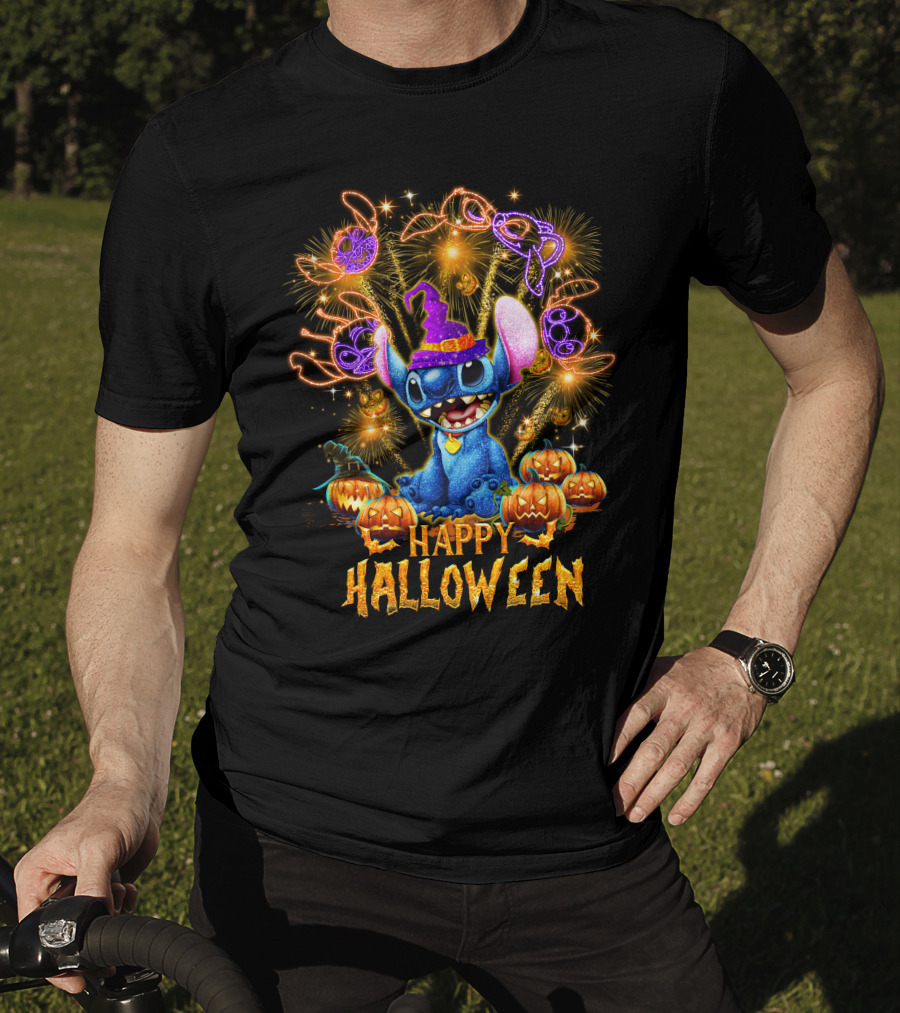 Stitch Happy Halloween Firework Display With Pumpkins And Witch Hat T-Shirt