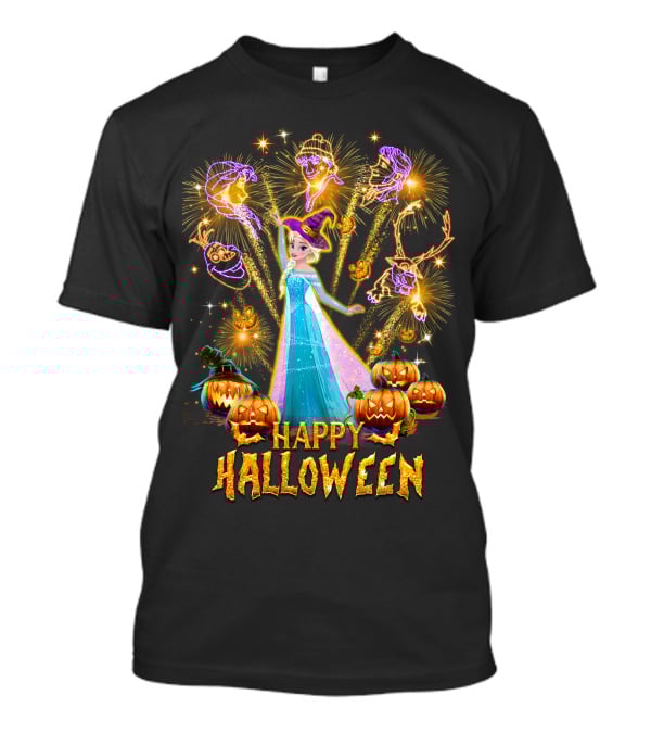 Elsa Happy Halloween With Fireworks And Pumpkins T-Shirt