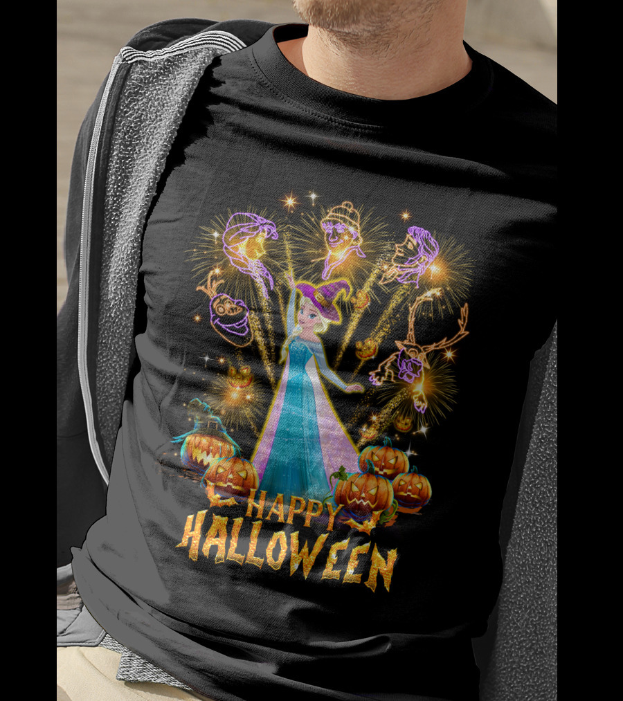 Elsa Happy Halloween With Fireworks And Pumpkins T-Shirt