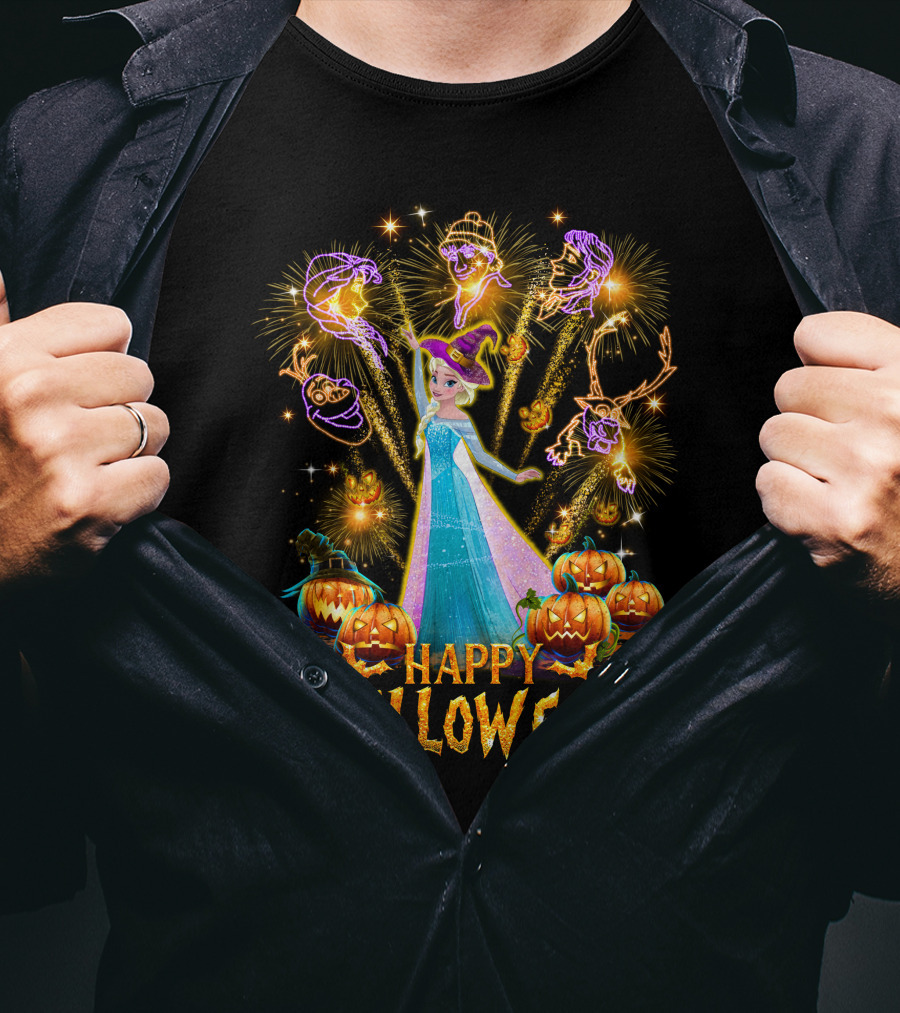 Elsa Happy Halloween With Fireworks And Pumpkins T-Shirt