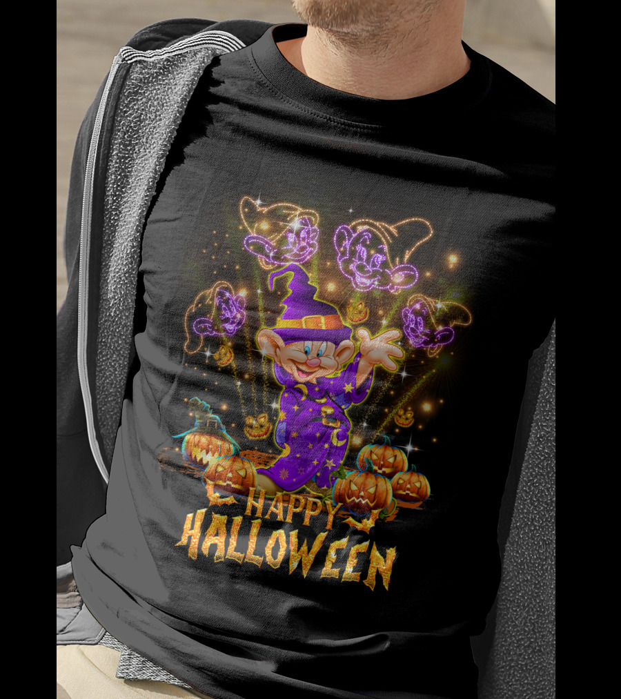 Happy Halloween Dopey In Wizard Hat With Fireworks And Pumpkins T-Shirt