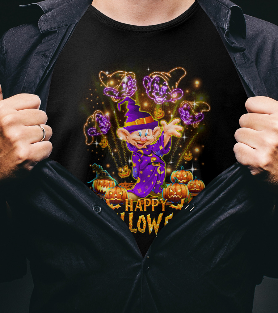 Happy Halloween Dopey In Wizard Hat With Fireworks And Pumpkins T-Shirt